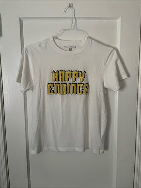 RARE GANNI 'Happy Endings' Graphic Tee - White w/ Yellow Print Women’s Sz M